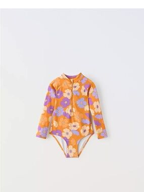 Zara Kids One-Piece Swimsuit in Orange with Purple & Cream Floral Print
